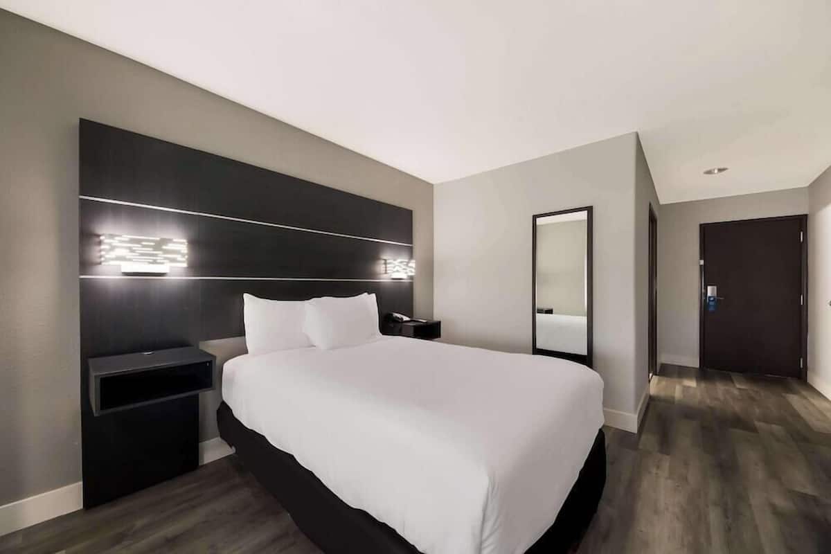 A modern hotel room with a large bed, bedside tables, a nightstand, a mirror, and a door.