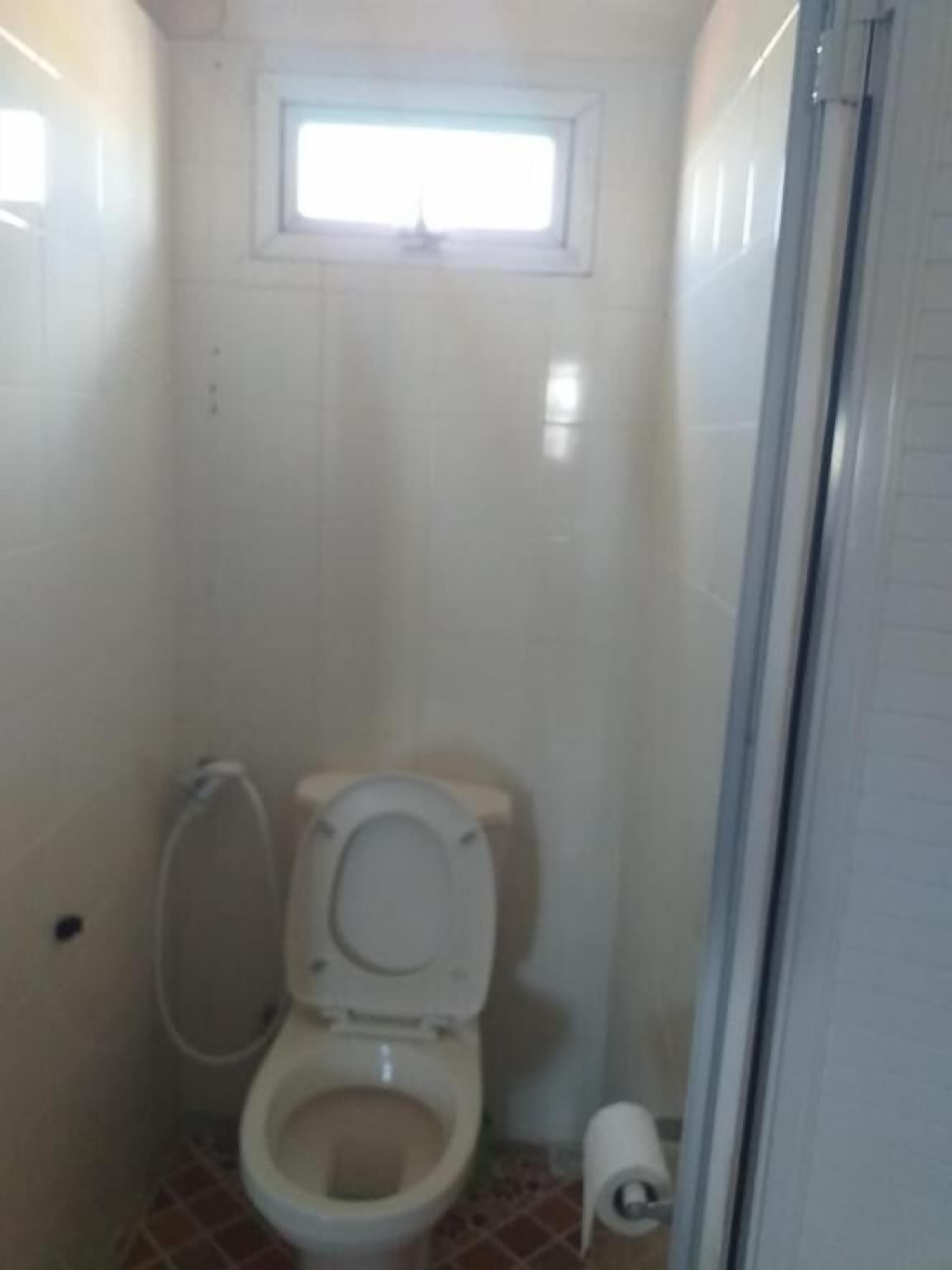 A small, narrow bathroom with a toilet, a window, and a shower area.