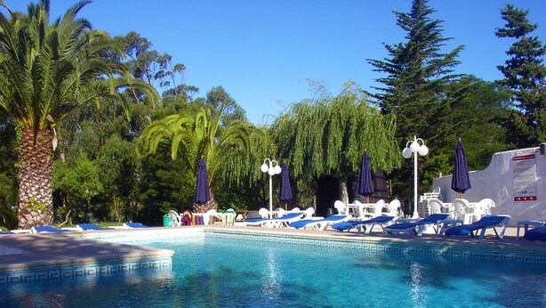 A pool area with lounge chairs and umbrellas, surrounded by trees and a clear sky. - A Coutada Hotel Rural (Peniche)