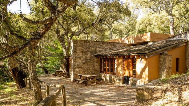 Un edificio rústico de piedra con una mesa de picnic y bancos de madera, rodeado de árboles y un sendero de piedra.