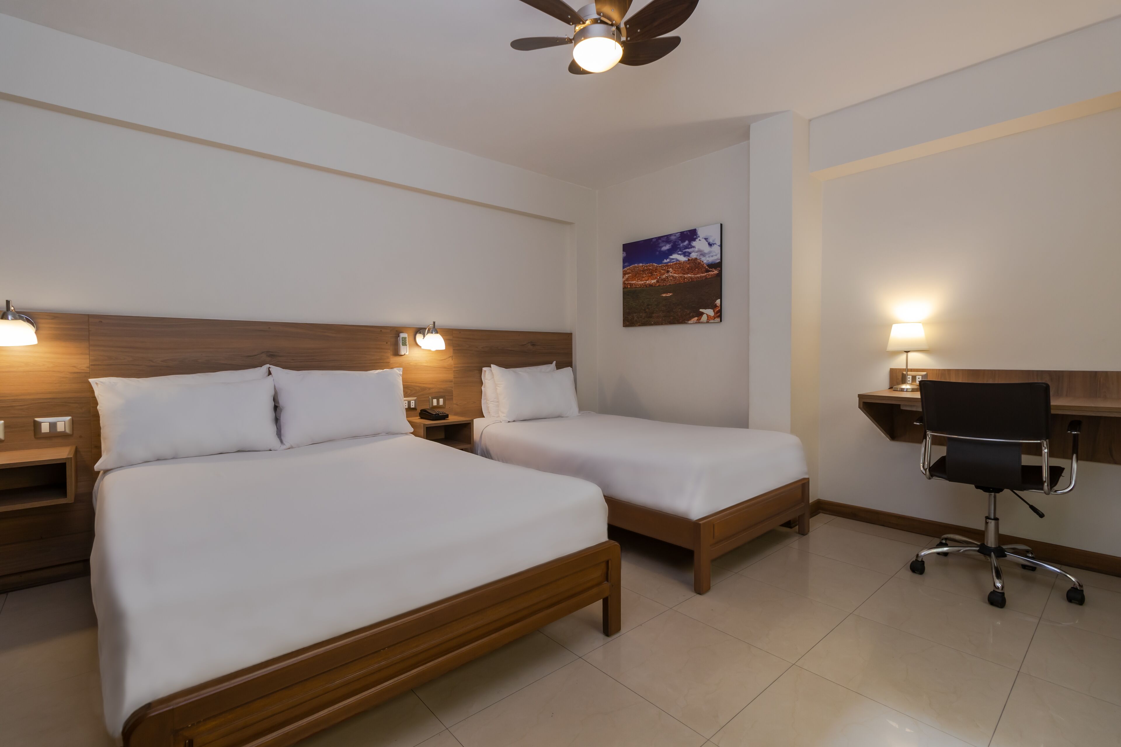 family double room | in-room safe, desk, laptop workspace, iron/ironing board