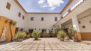 Un patio con suelo de baldosas, plantas en macetas y un edificio blanco con tejado a dos aguas.