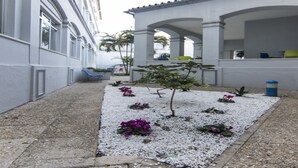 A courtyard with a gravel path, small trees, and purple flowers. - Albergue Inturjoven Málaga - Hostel (Málaga)