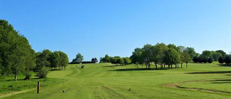 En golfbana med klar himmel, välskött gräs och träd.