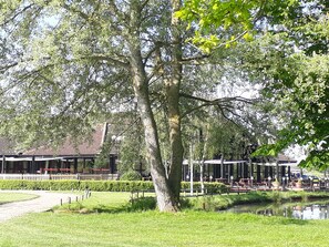 A park with a large tree, a pond, and a building with a tiled roof in the background. - Weald of Kent (Ashford)