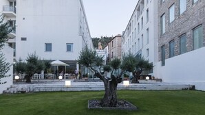 A courtyard with a large tree, outdoor seating, and modern buildings. - Albergue Inturjoven & Jaen - Hostel (Jaén)