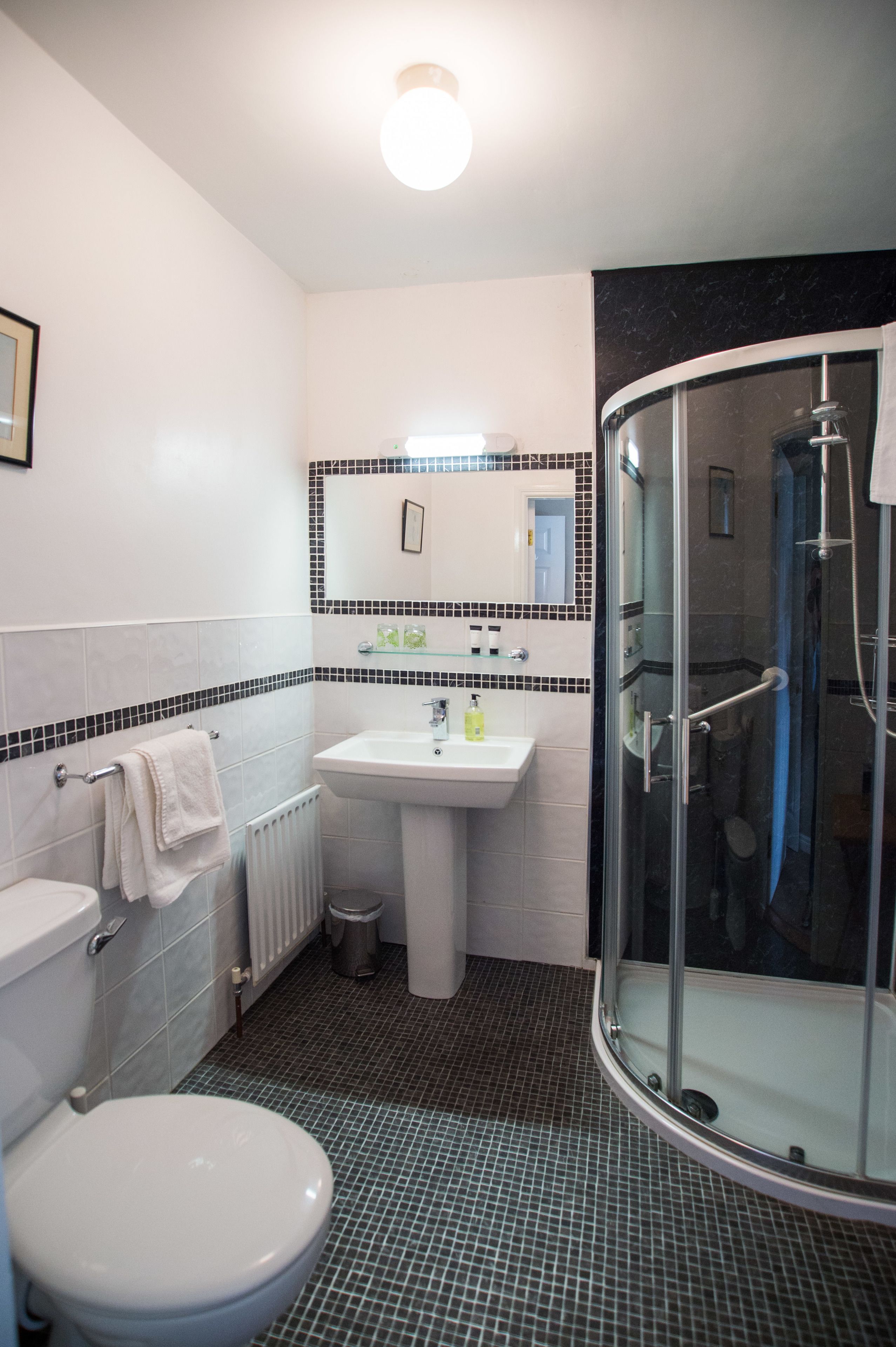 Un baño con inodoro, lavamanos y ducha.