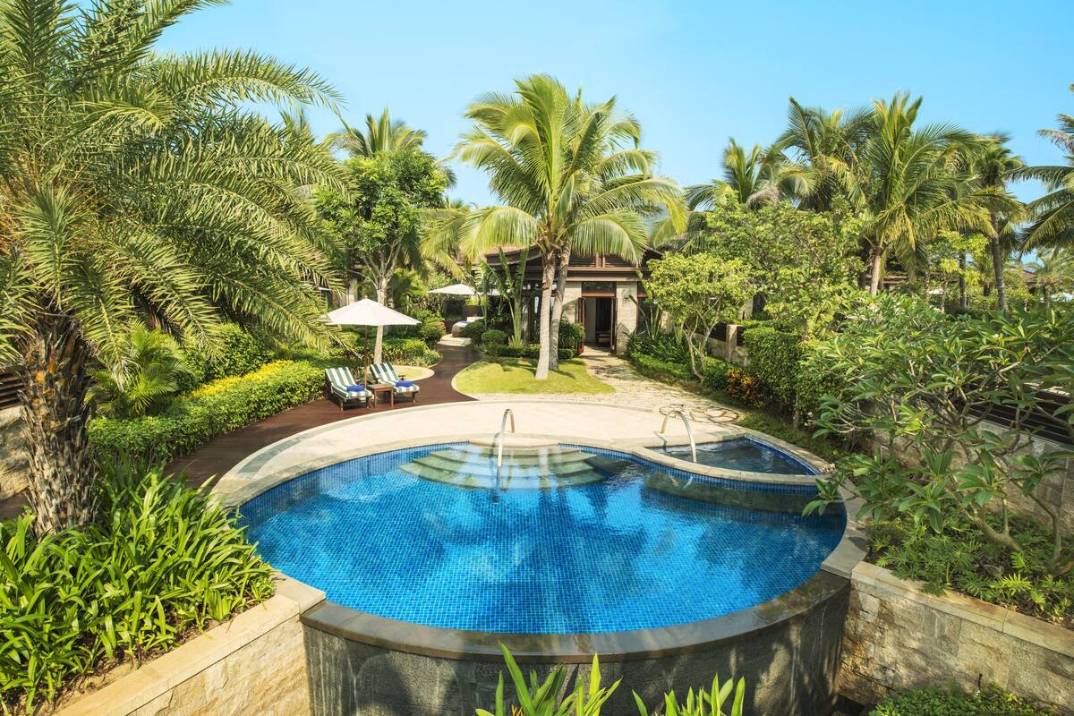 Une piscine entourée d’une végétation luxuriante et de palmiers, avec des chaises longues et des parasols.