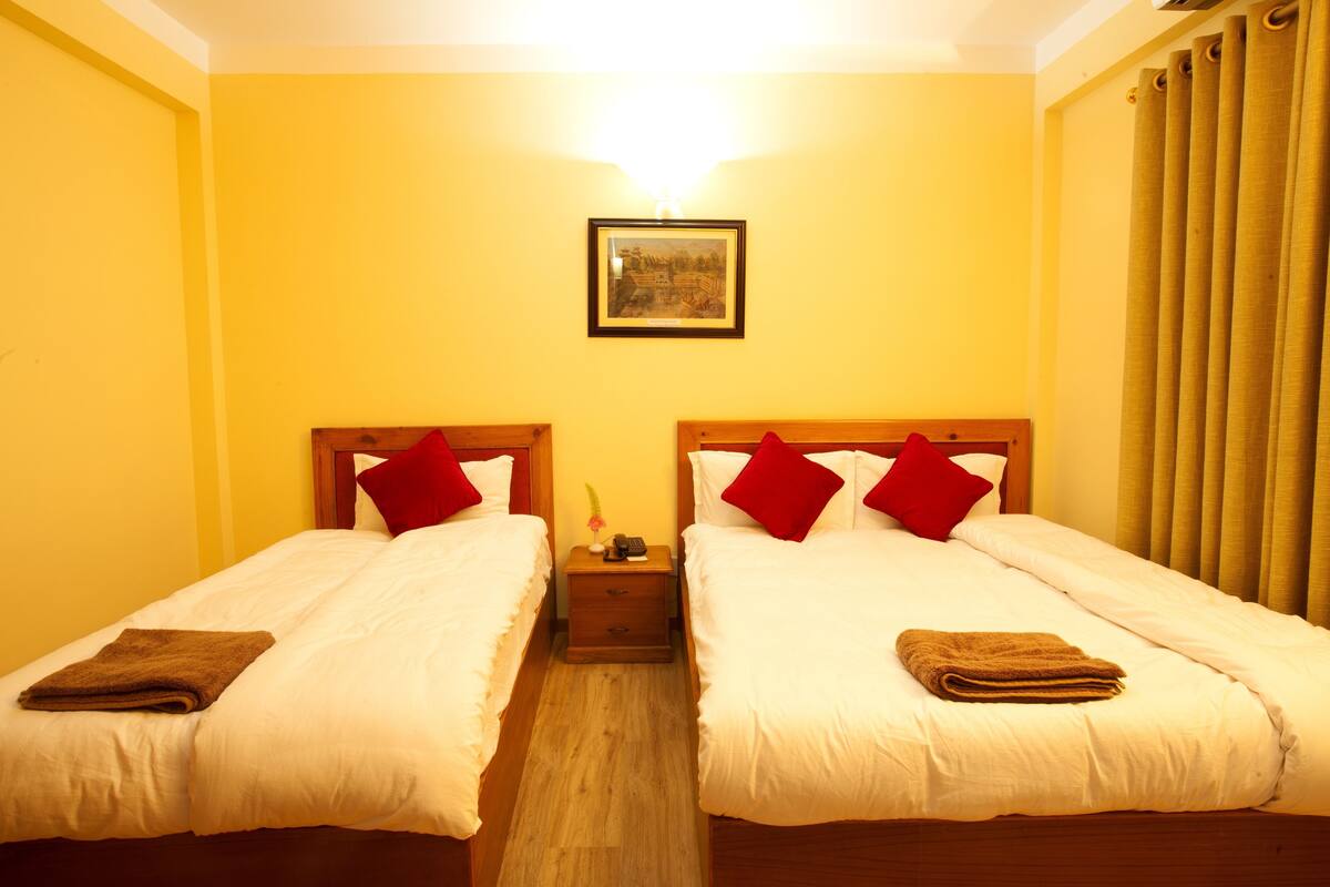 A hotel room with two single beds, each with a wooden headboard, white bedding, and red pillows. There is a small bedside table with a lamp and a framed picture on the wall.