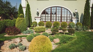 A landscaped garden with neatly trimmed hedges, a variety of shrubs, and a central circular flower bed.