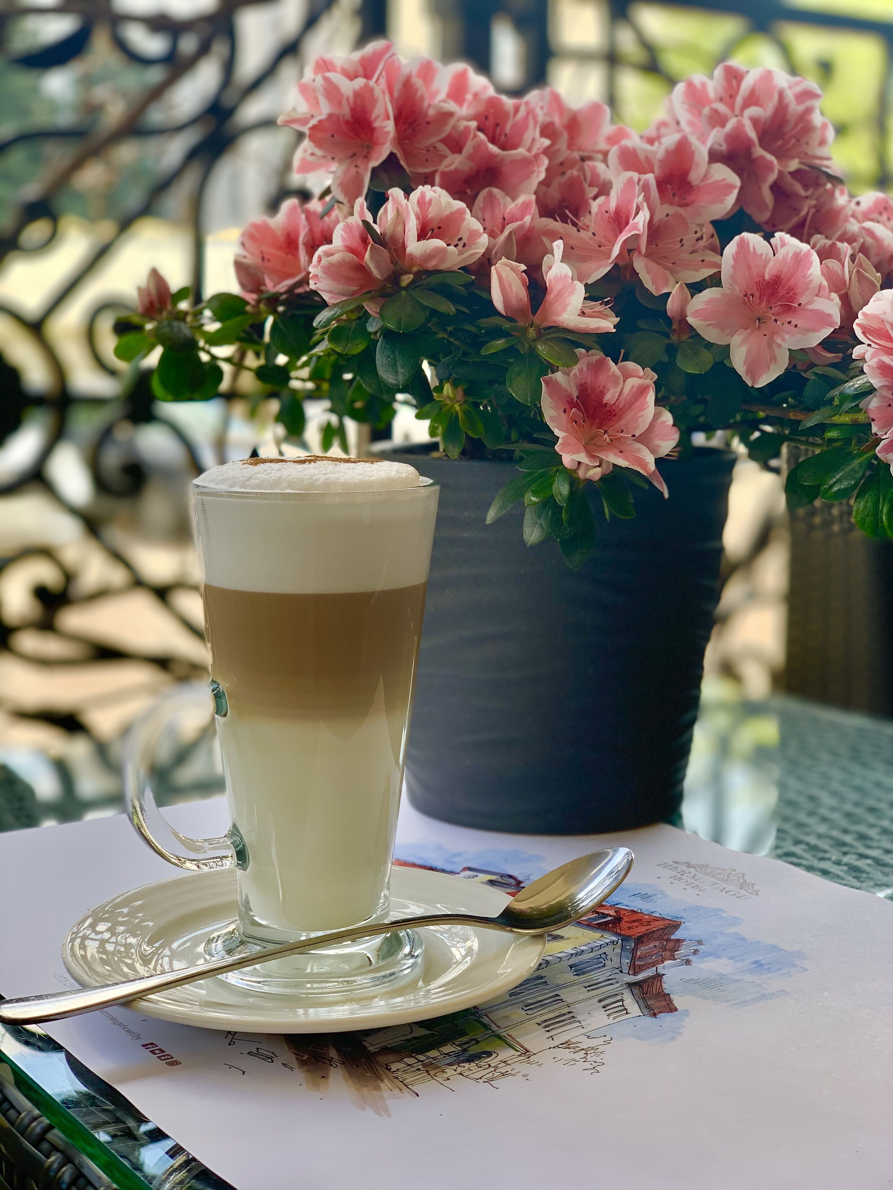 A glass of layered beverage on a saucer with a spoon, a menu, and a potted plant with pink flowers in the background.