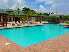 Outdoor pool, pool umbrellas, pool loungers