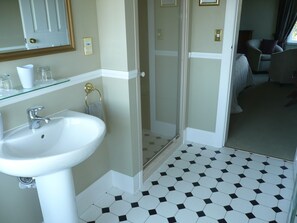A bathroom with a white sink, a glass shelf, a towel ring, and a shower area. - Kershaw House Boutique Accommodation (Richmond)