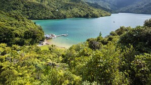A lush, green landscape with a clear lake, a dock, and a small building.
