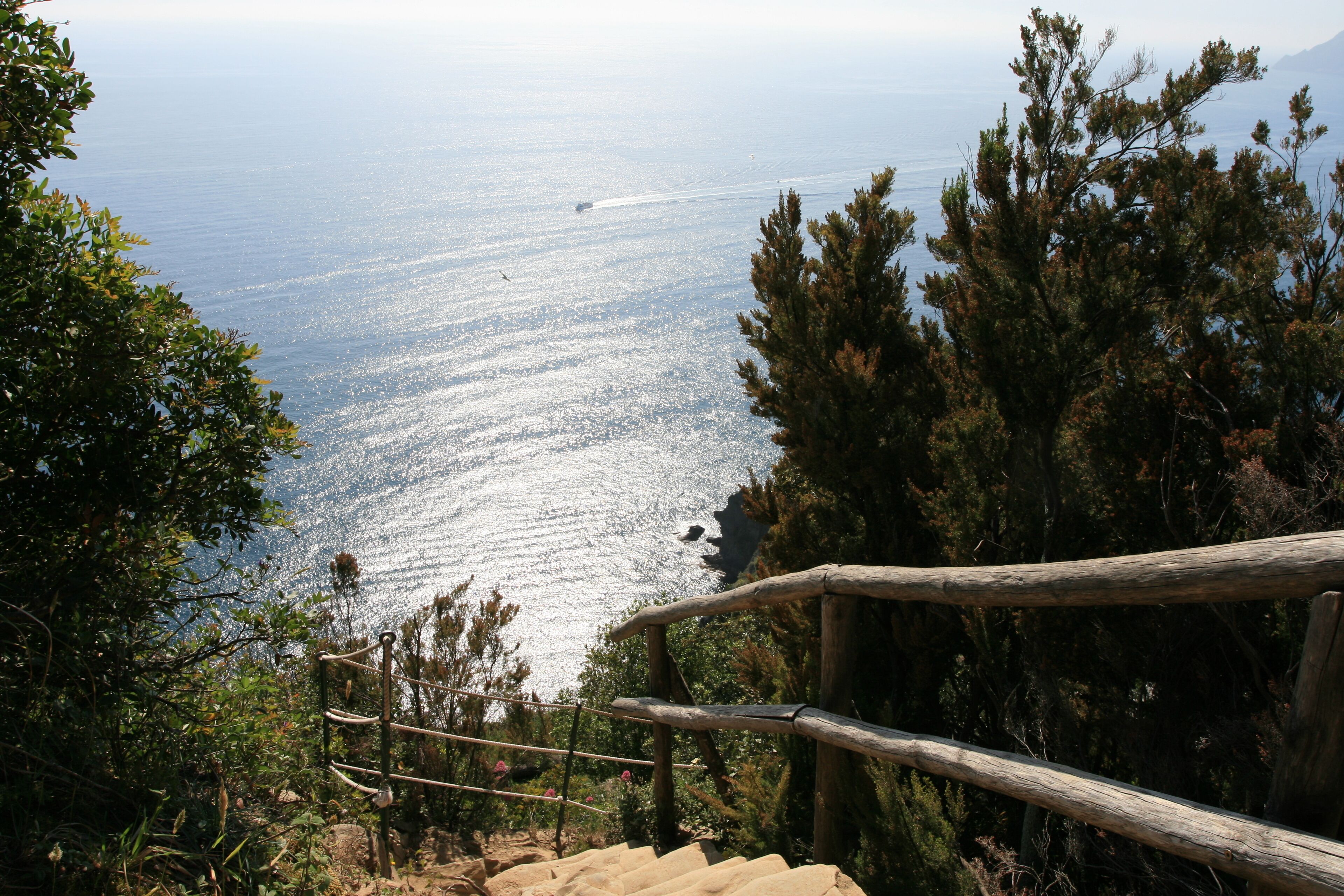 Una escalera que desciende hacia la costa, con vistas al mar y a árboles.