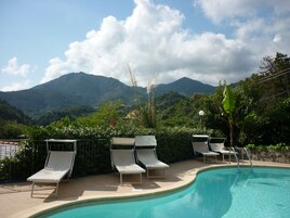 Una piscina al aire libre, sillones reclinables de piscina
