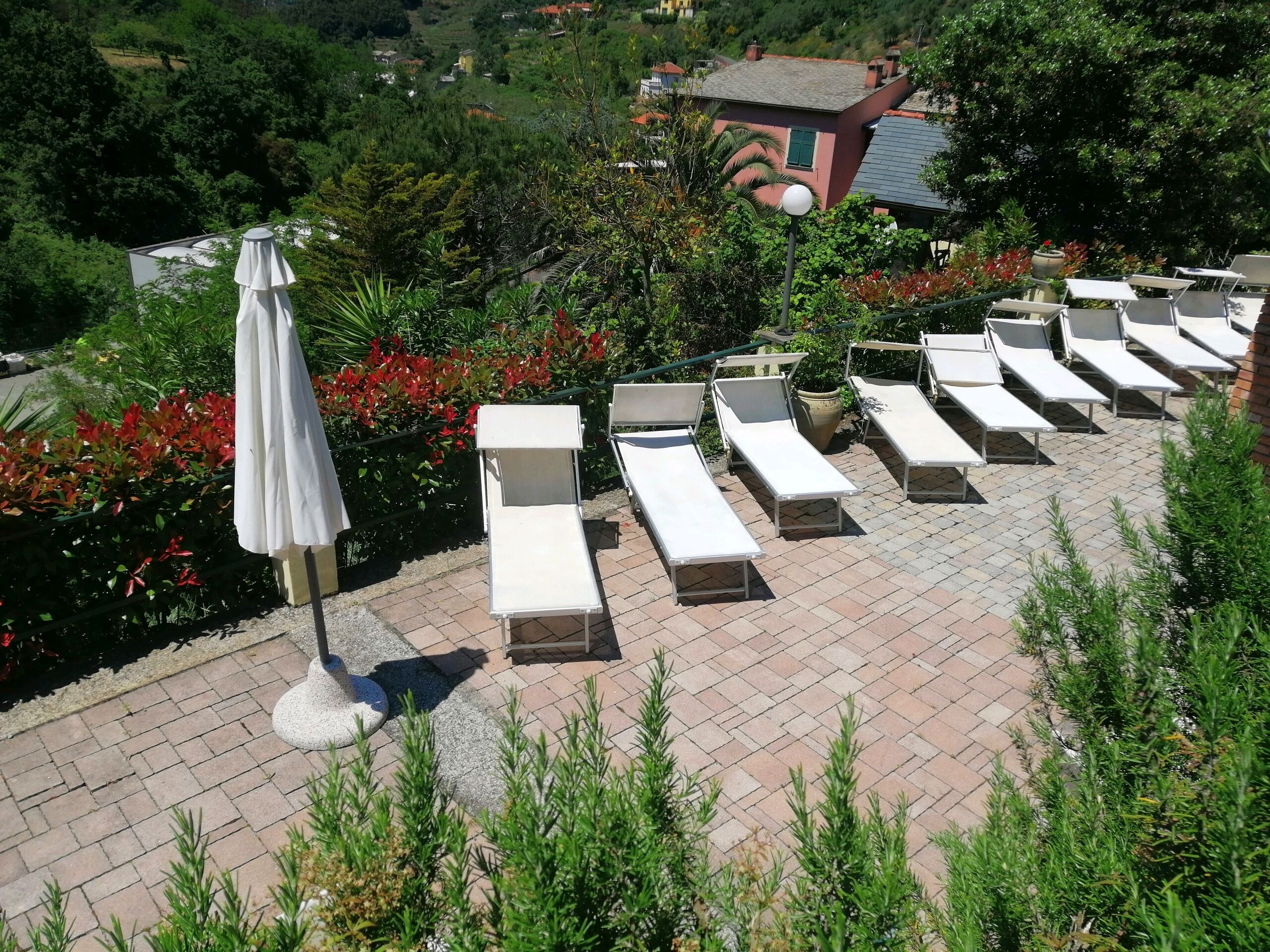 Un espace de détente extérieur, baigné de lumière, avec des chaises longues blanches et un seul parasol, entouré d’une végétation luxuriante et offrant une vue lointaine sur un bâtiment.