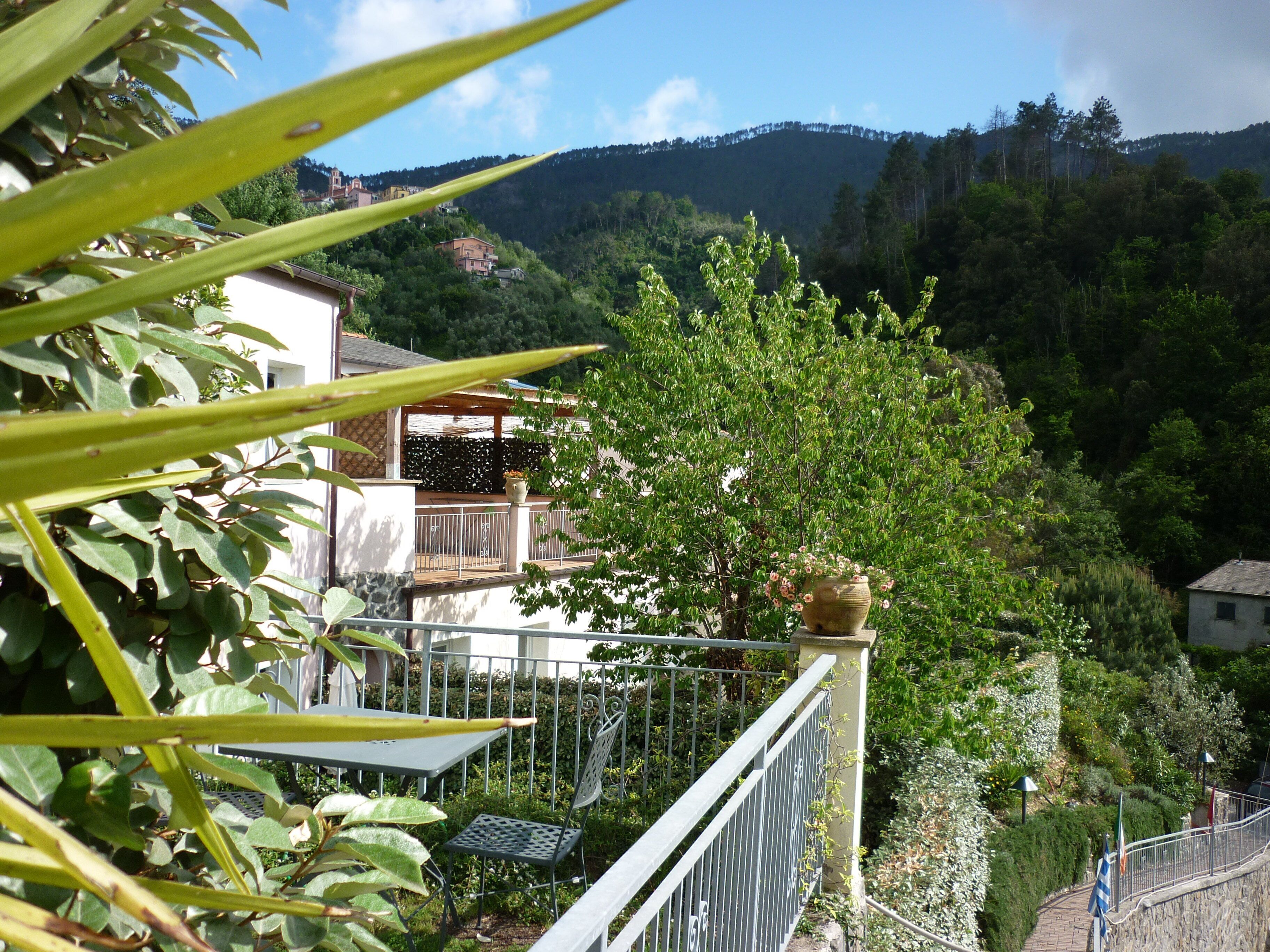 Ein Balkon mit Blick auf eine Hügellandschaft, einem Blumentopf und einem Metallgeländer.
