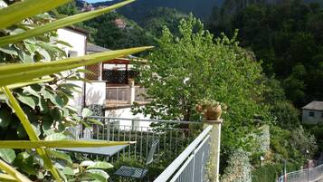 Ein Balkon mit Blick auf eine Hügellandschaft, einem Blumentopf und einem Metallgeländer.