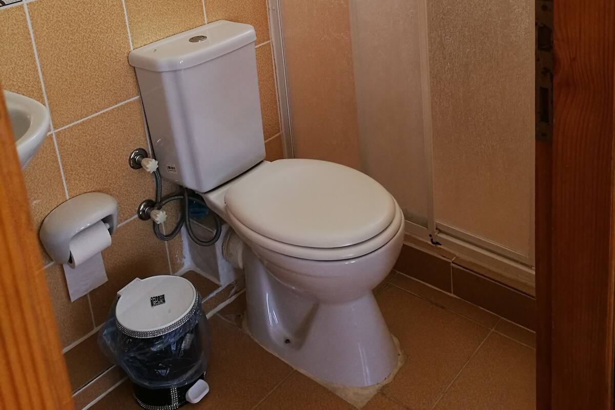 A small bathroom with a toilet, a sink, and a trash bin.
