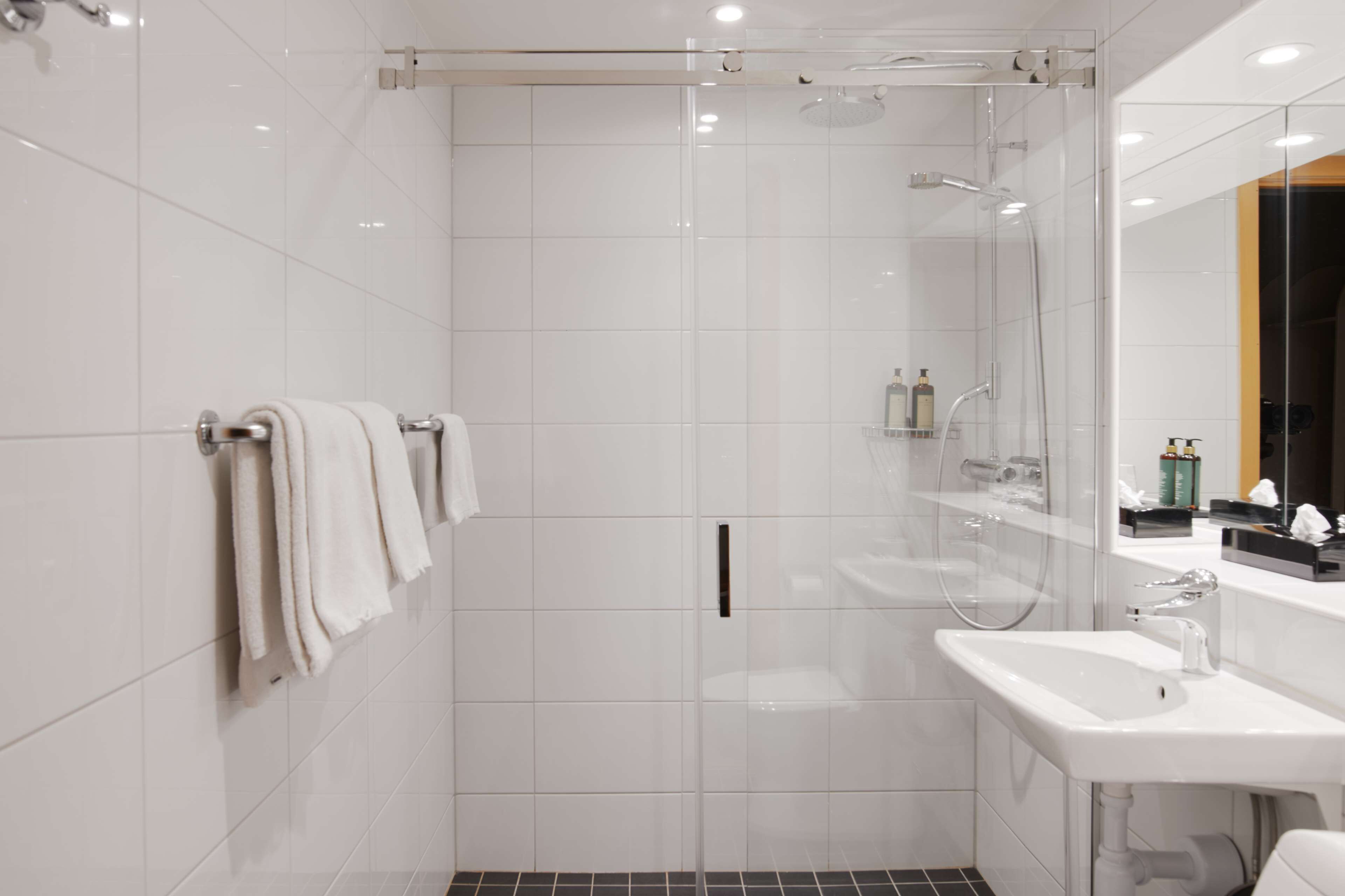 free toiletries, hair dryer, towels