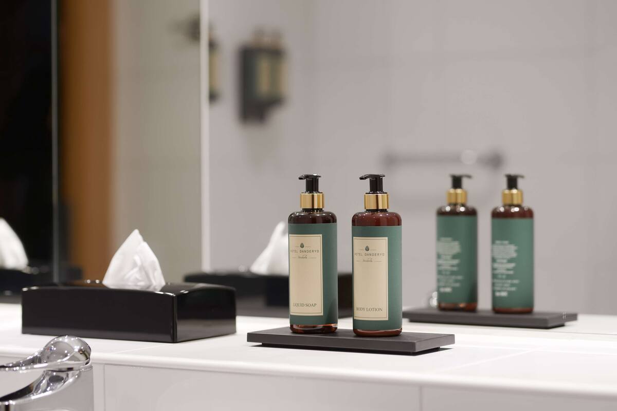 free toiletries, hair dryer, towels