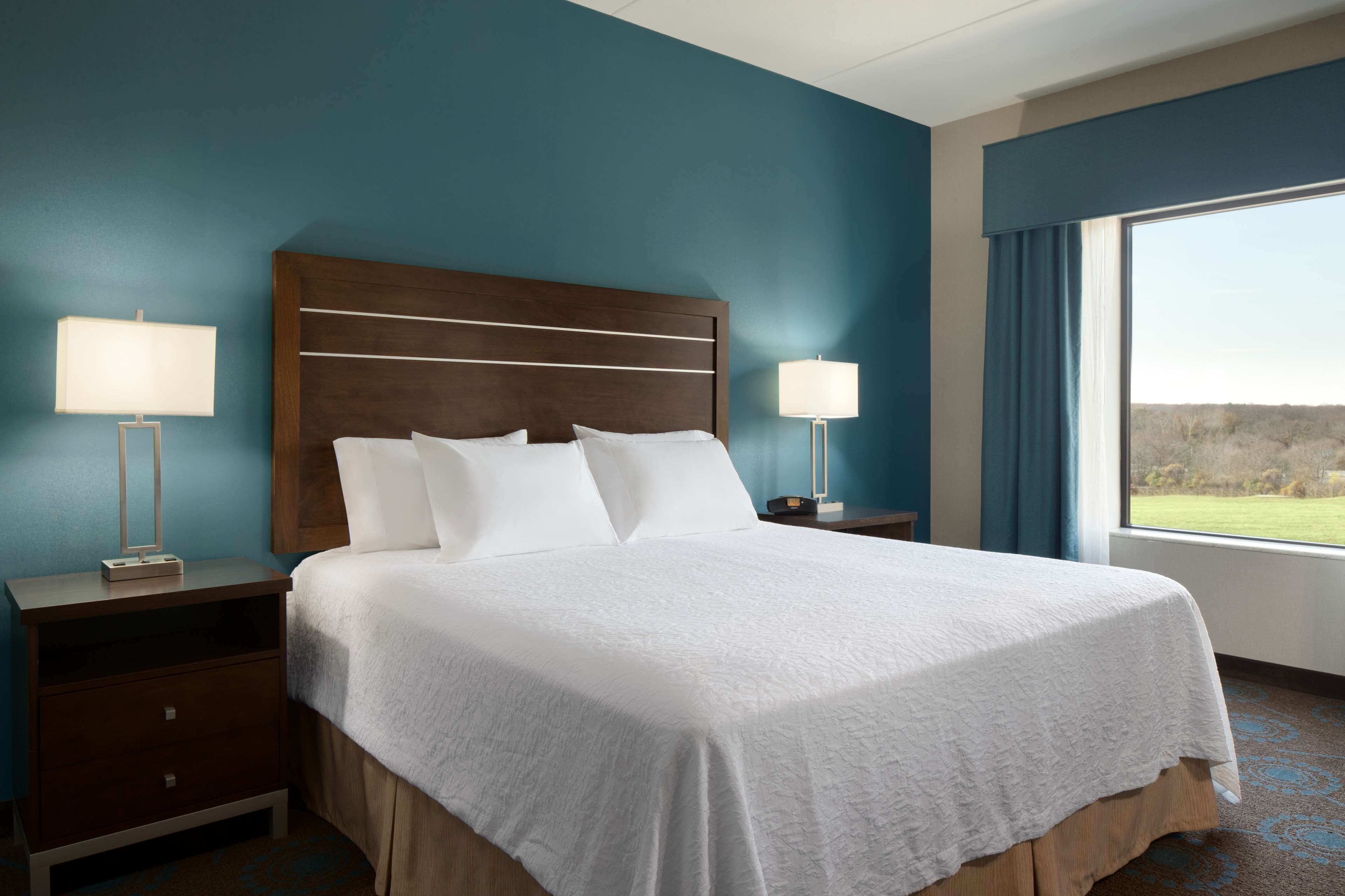 Una habitación de hotel con una cama grande, dos mesitas de noche con lámparas, vistas al exterior a través de una ventana y una pared azul.