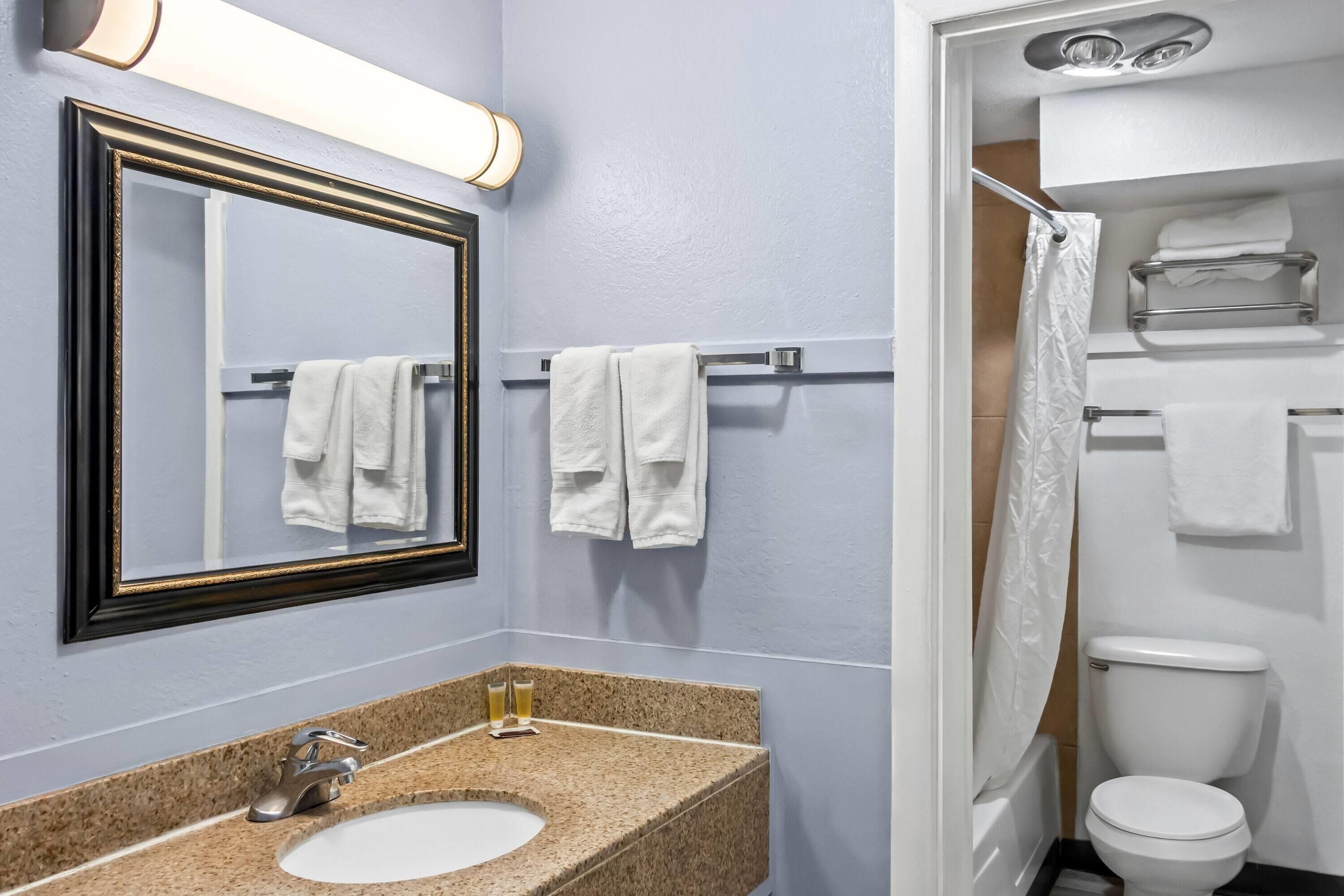 A bathroom with a sink, mirror, towel rack, and shower area.