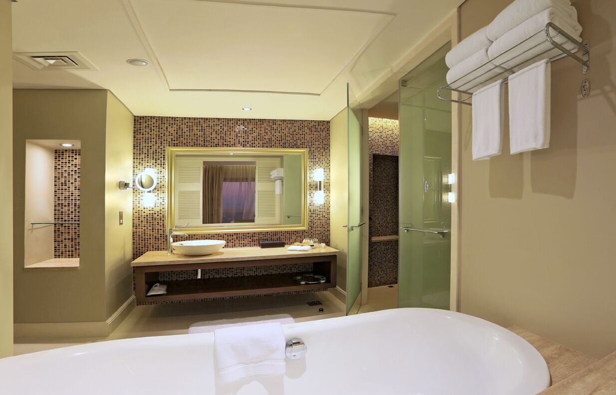 A modern bathroom with a large bathtub, a vanity with a mirror, and a shower area.