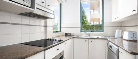 A modern kitchen with white cabinets, a built-in microwave, a stove, and a dishwasher.