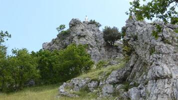Un paisaje rocoso con una estatua en una colina.