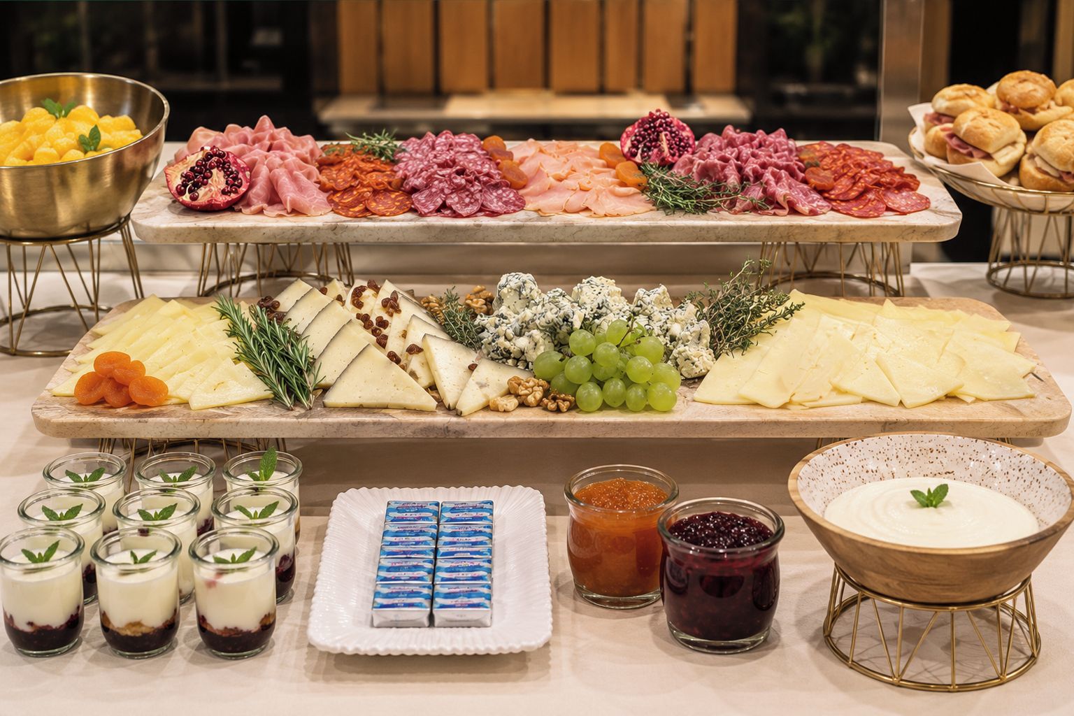 Een buffet met diverse kazen, vleeswaren, fruit en desserts.