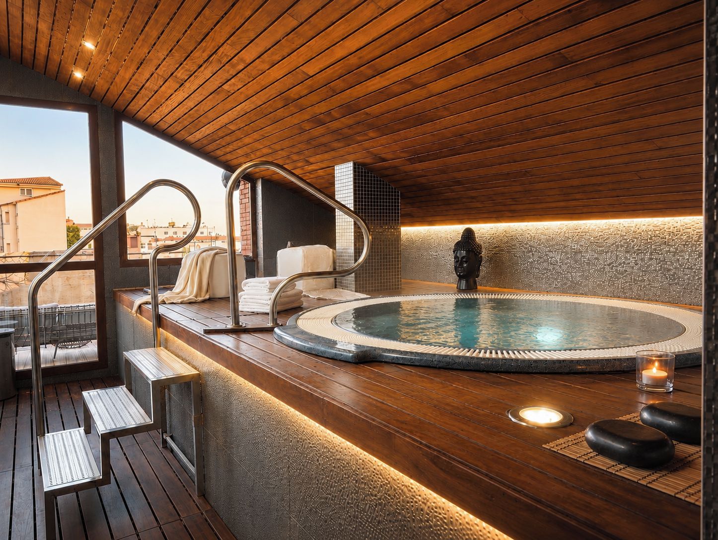 Un'area benessere con vasca idromassaggio, terrazza in legno e statua di Buddha.