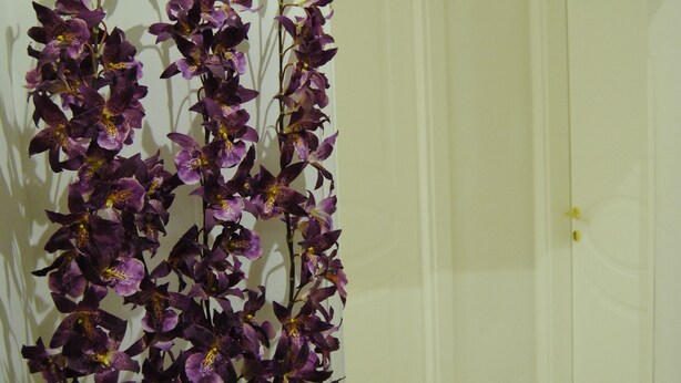 Un pasillo con una puerta y un jarrón de flores moradas.