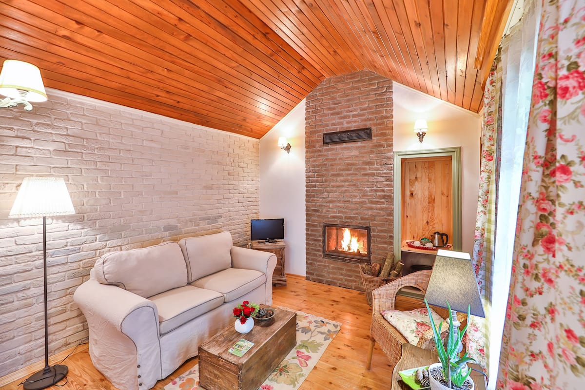 A cozy living room with a brick fireplace, a sofa, a coffee table, and a television.
