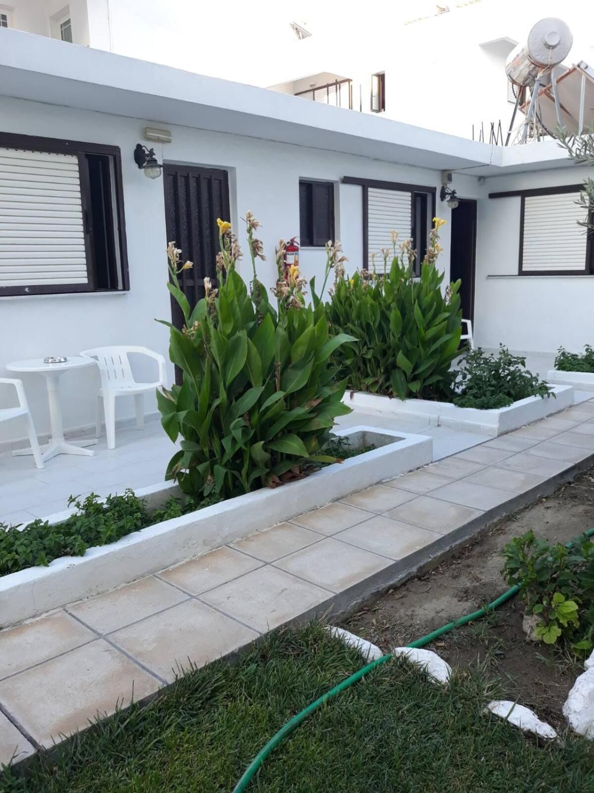 A modern outdoor patio with white walls, a tiled floor, and a garden area with plants and a hose.