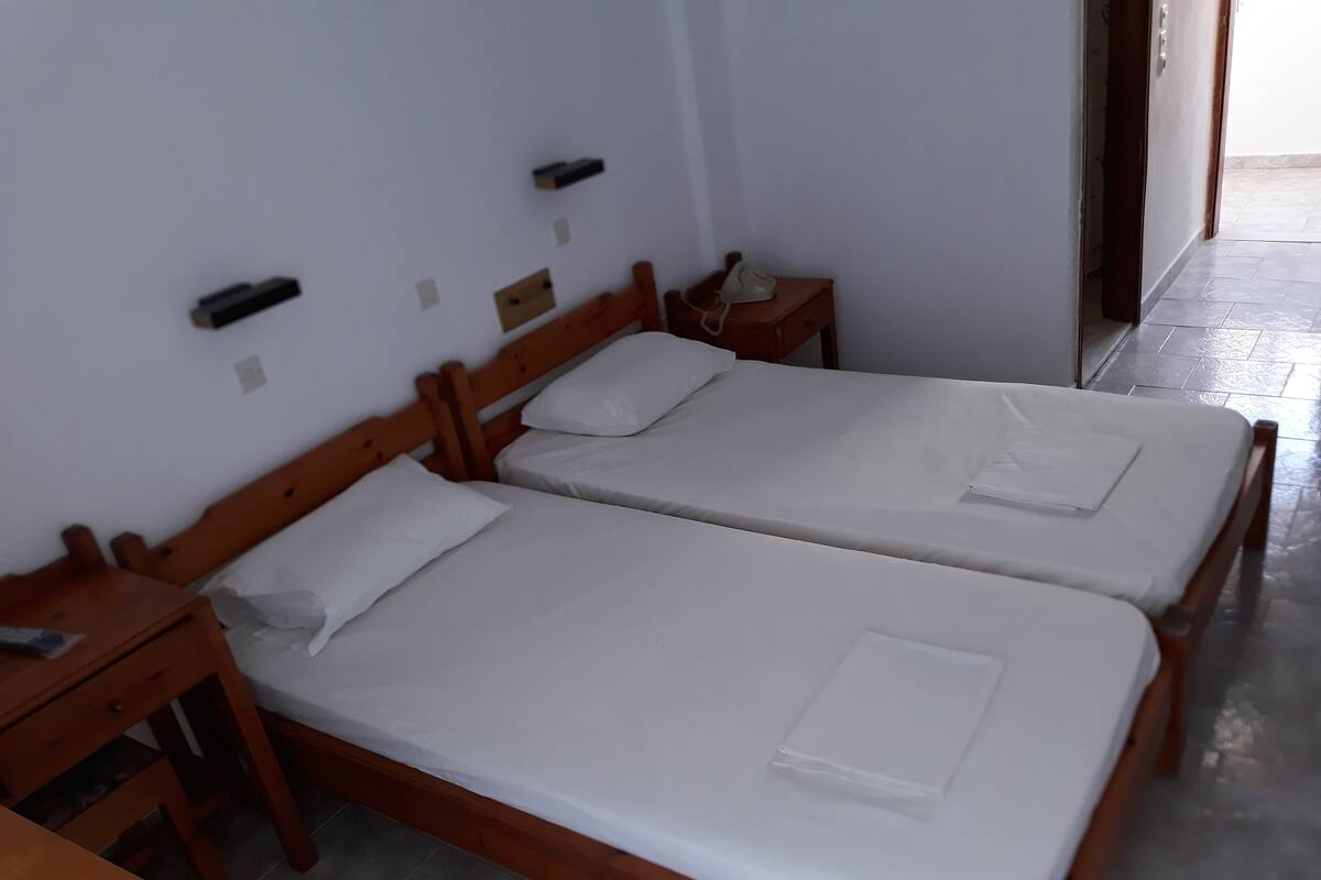 Two single beds with wooden frames and white linens, a bedside table with a lamp, and a small wooden nightstand with a telephone.