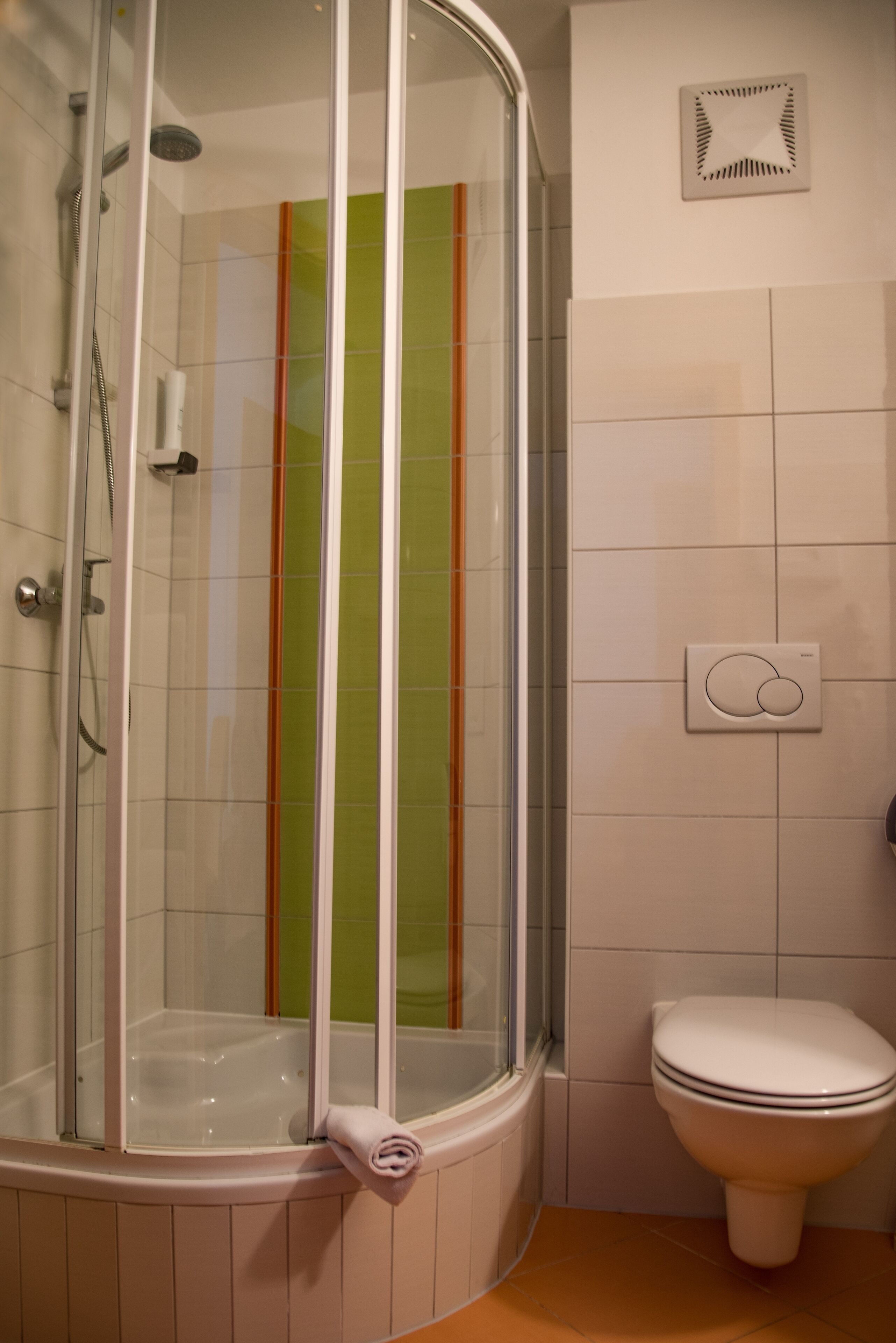 A bathroom with a glass-enclosed shower, a toilet, and a green vertical stripe on the wall.