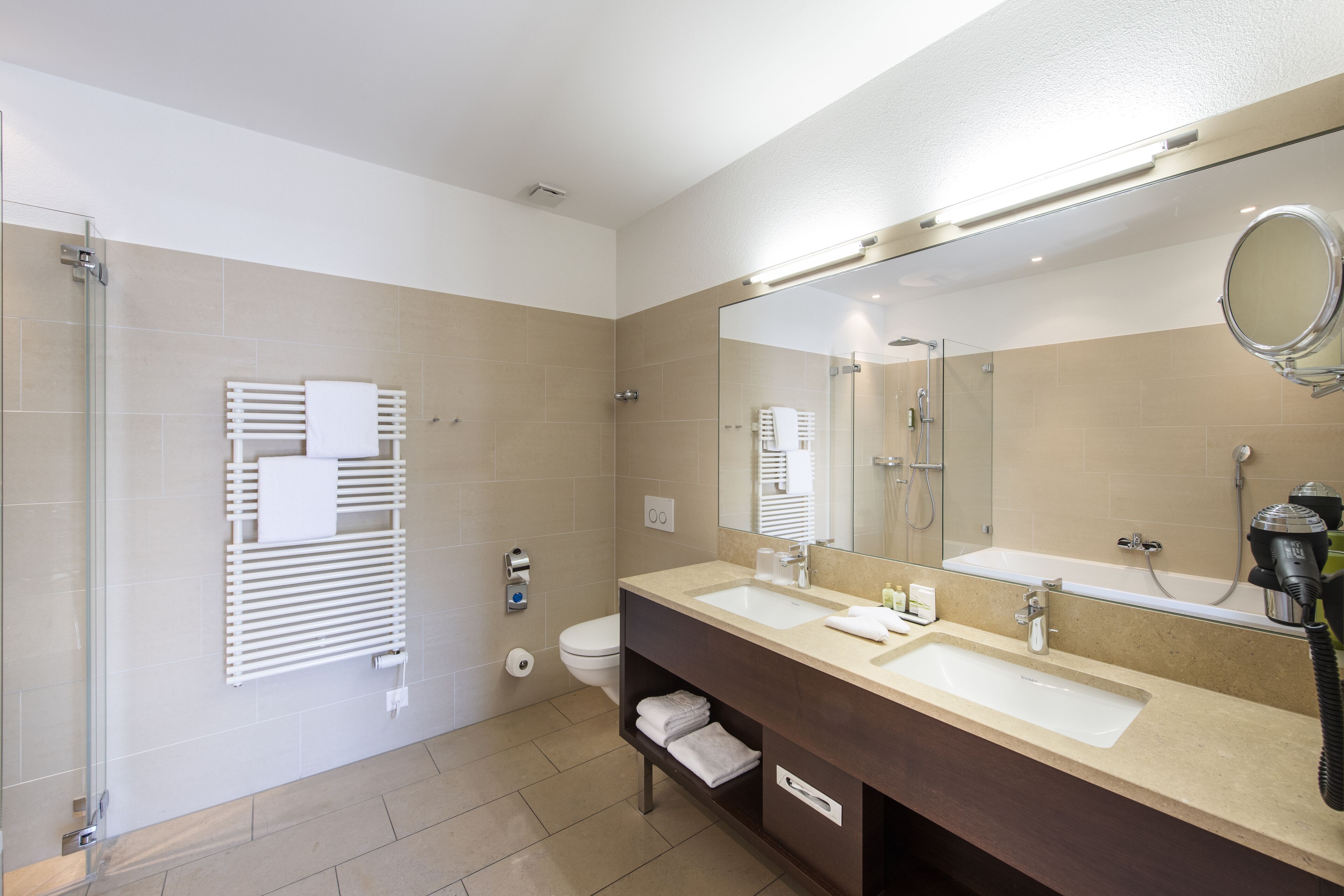 rainfall showerhead, designer toiletries, hair dryer, dressing gowns