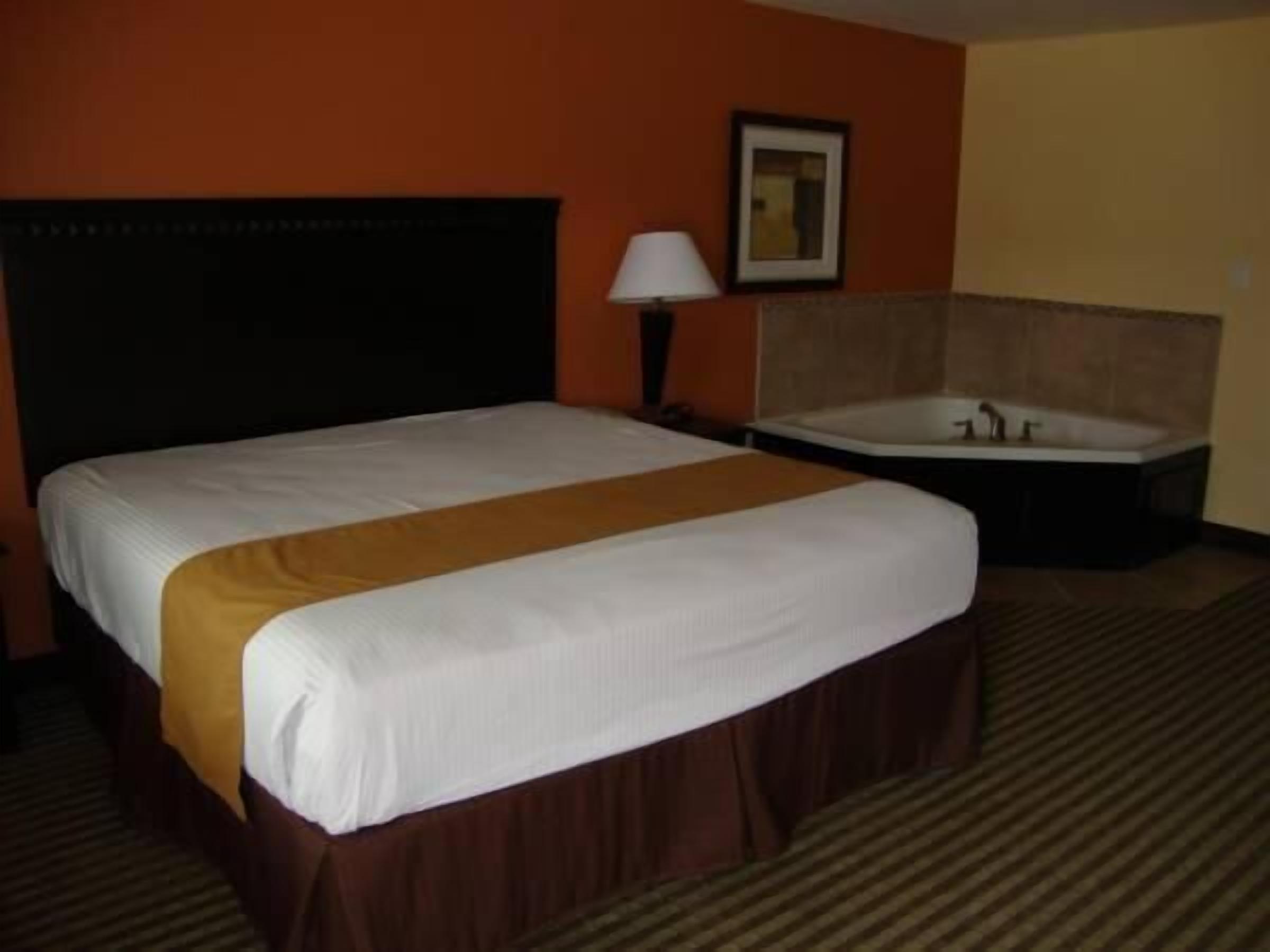 Habitación de hotel con una cama grande, cabecero, lámpara de noche, un cuadro enmarcado en la pared y una bañera.