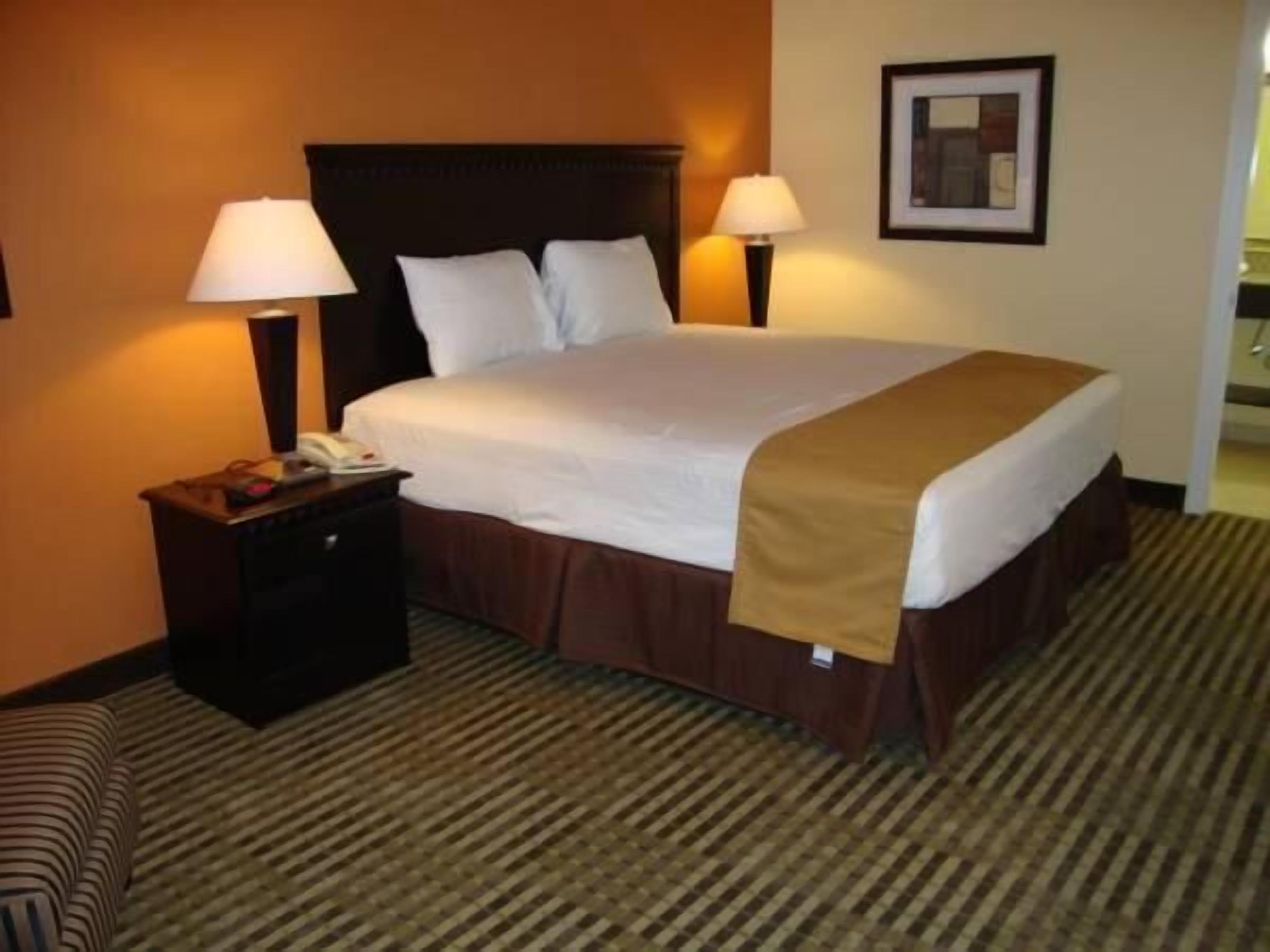Habitación de hotel con una cama grande, dos mesitas de noche con lámparas, un cuadro enmarcado en la pared y una alfombra a rayas.