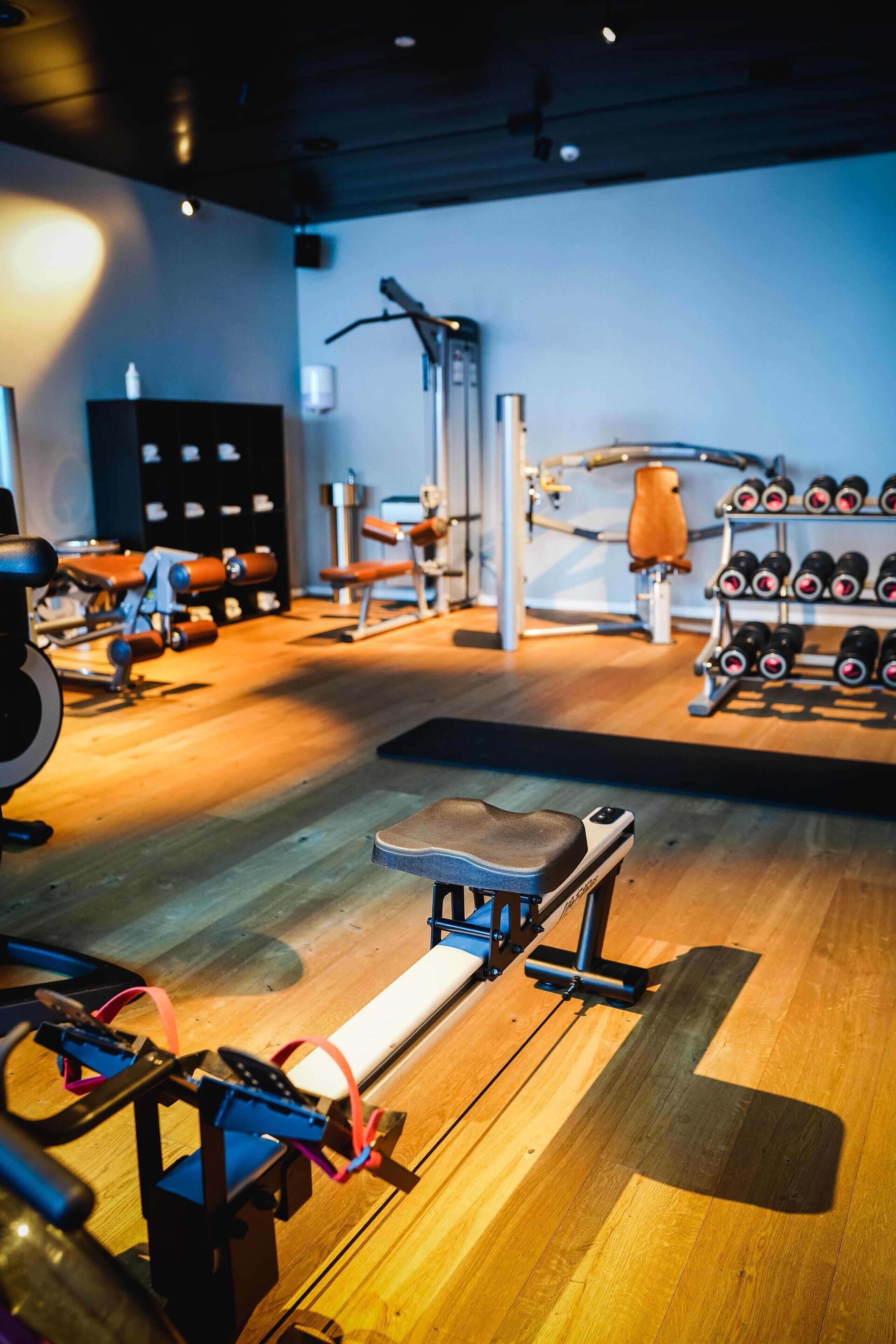 Un gimnasio con equipo de ejercicio, una banca y una estantería con mancuernas.