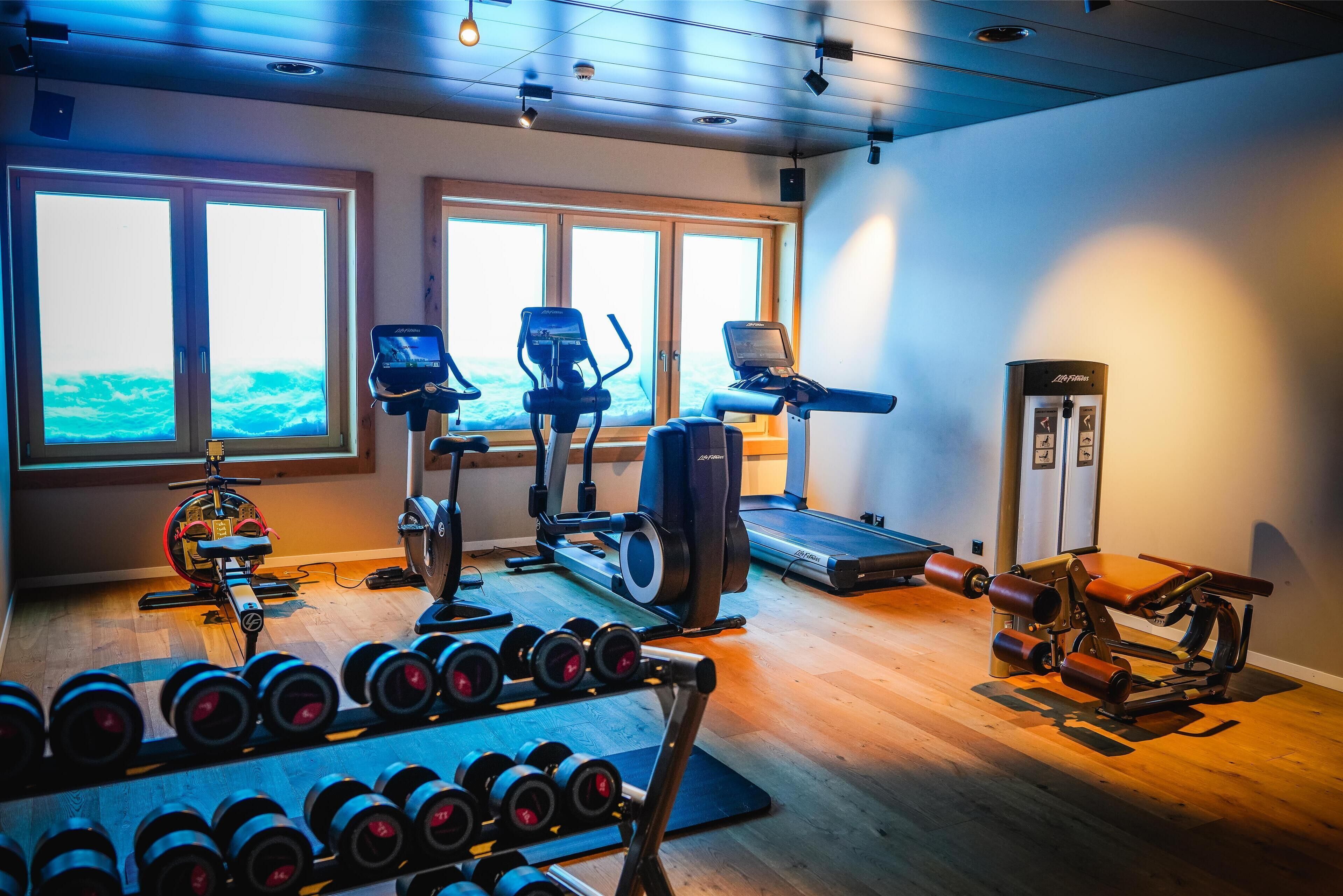 Un gimnasio con máquinas de cardio, pesas y una máquina de remo.