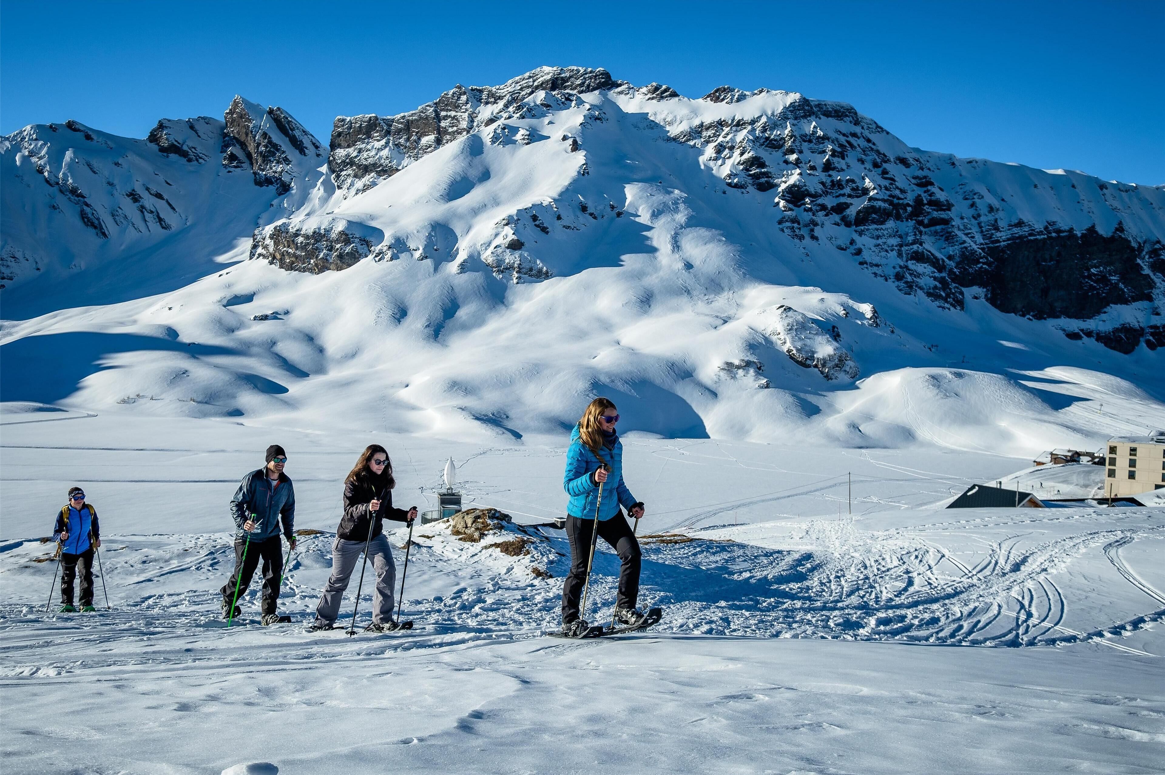 Un gruppo di persone scia sulle montagne innevate sotto un cielo sereno.