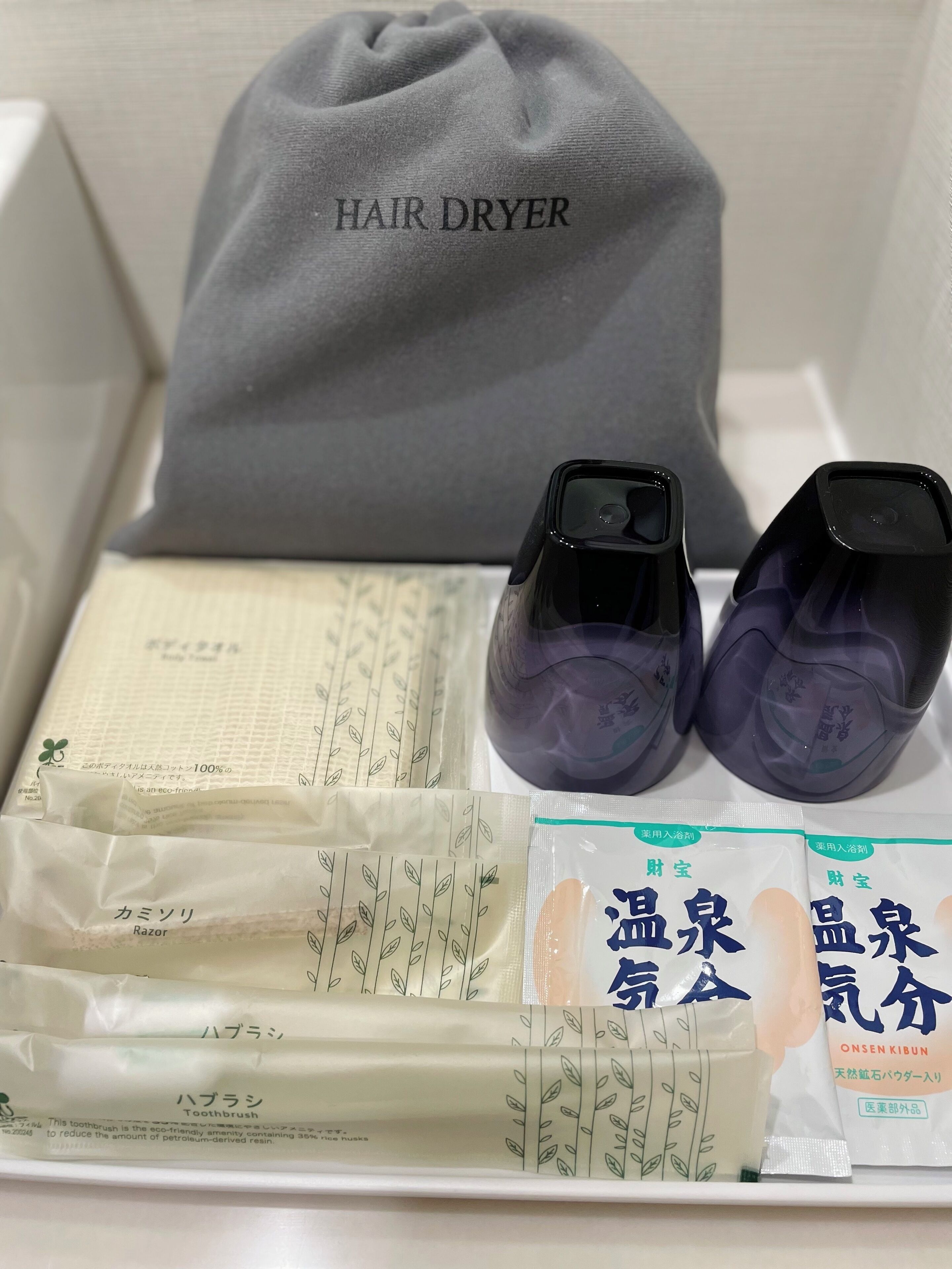 Un sèche-cheveux, deux flacons de produits pour les soins capillaires, un rasoir et un paquet de brosses à dents, le tout dans une boîte.