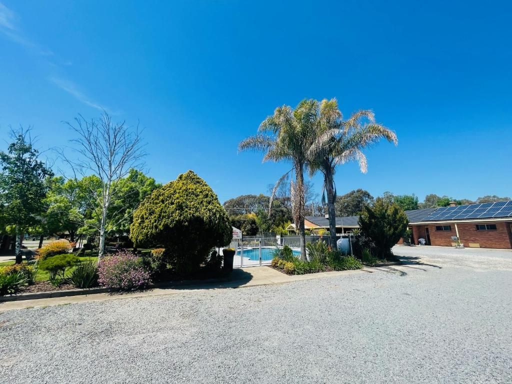 A residential area with a swimming pool, a palm tree, and a building with solar panels.