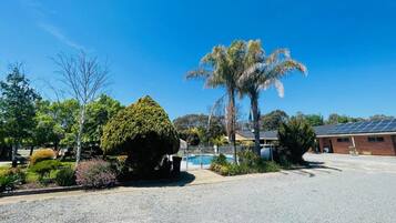 A residential area with a swimming pool, a palm tree, and a building with solar panels.