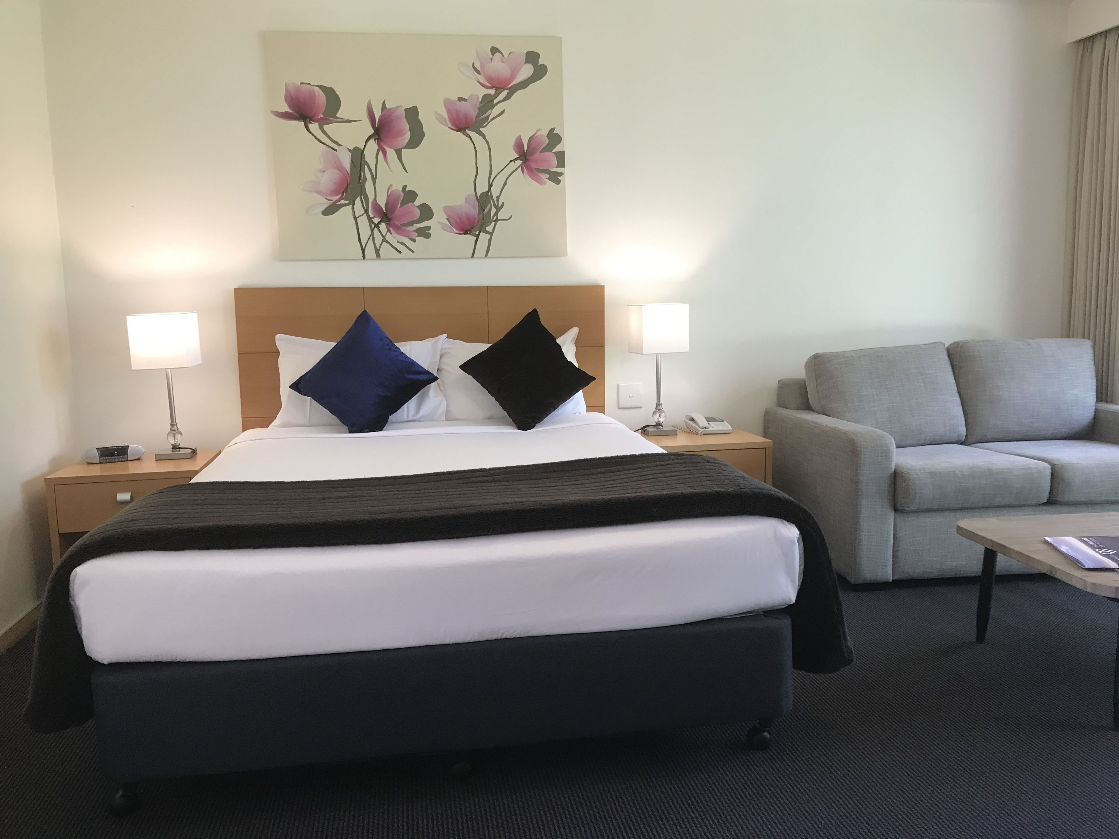 Premium bedding, desk, blackout drapes, iron/ironing board