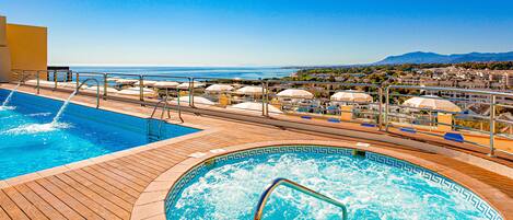 Seasonal outdoor pool, pool umbrellas, sun loungers