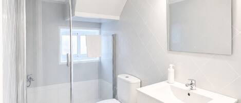 A modern bathroom with a glass shower enclosure, a white toilet, a vanity with a sink, and a large mirror.